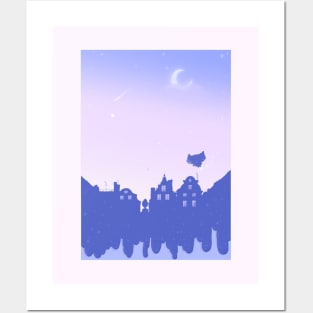 Rooftops moonlit sky Posters and Art